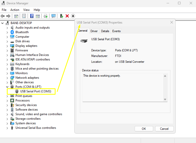 Device Manager showing FTDI COM port